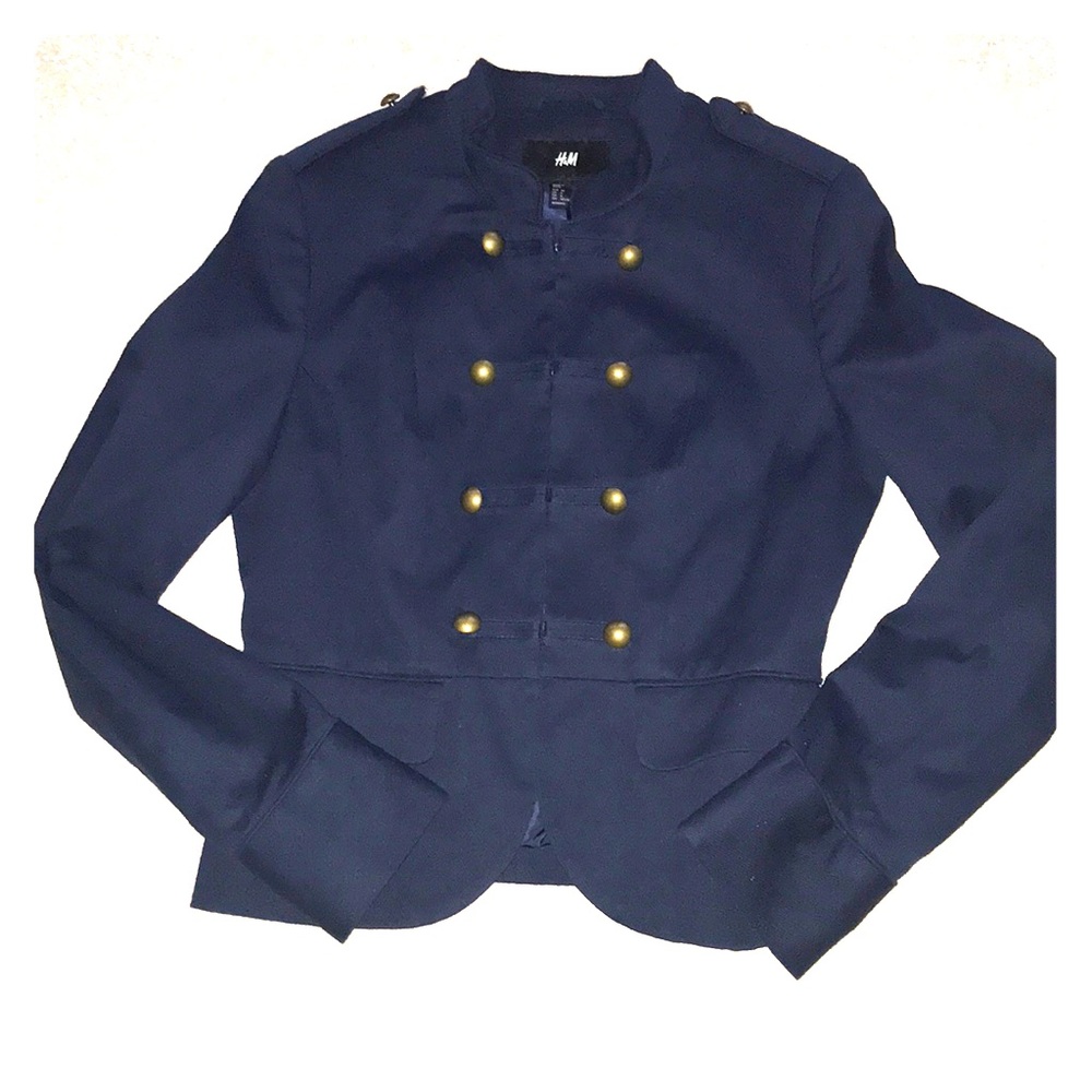 Navy blue military jacket brass button equestrian London vibe